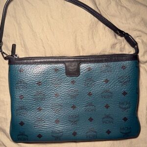 MCM Teal and Black Logo-Print Leather Pouch